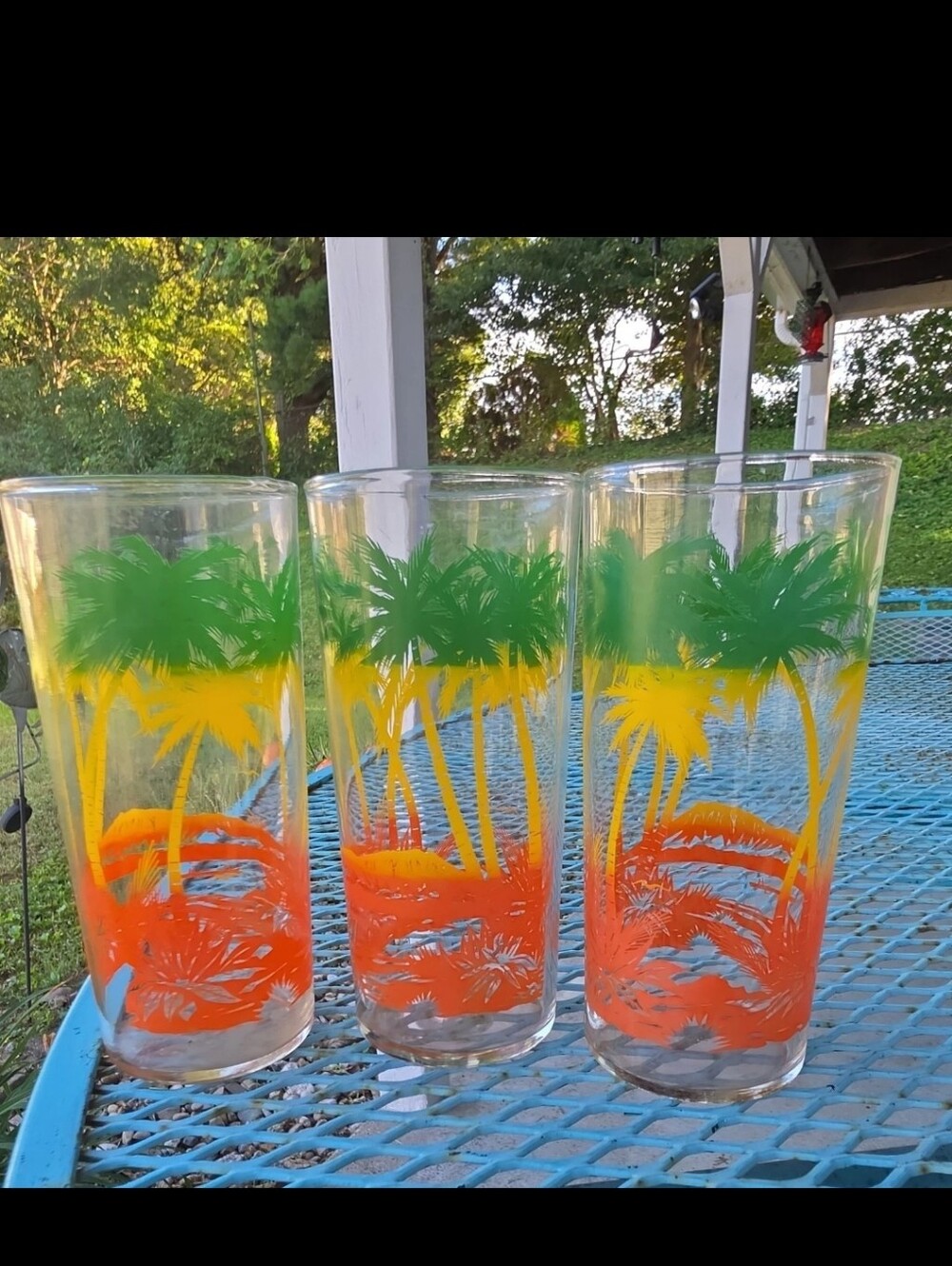 3 Pc Vintage Tropical Beach Theme Glasses Set Palm Trees Neon Retro Mcm Ocean